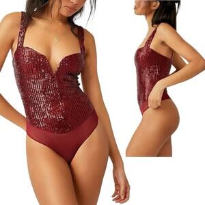 New Free People Intimately FP Sparks Fly Red Bodysuit Size Small Sequin Rave